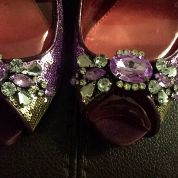 Nina Gold Purple Sequin Crystal Peep Toe Heels - Picture 8 of 9